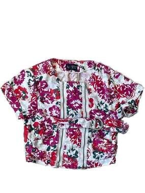 Vintage Armani Jeans 100% Linen Floral Belted Moto Style Zip Jacket